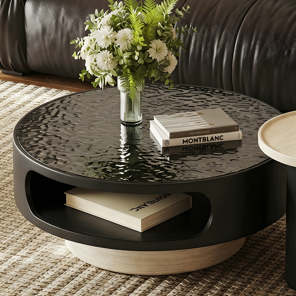 Modern Round Coffee Table Set with Textured Black Top and Open Storage Side Table