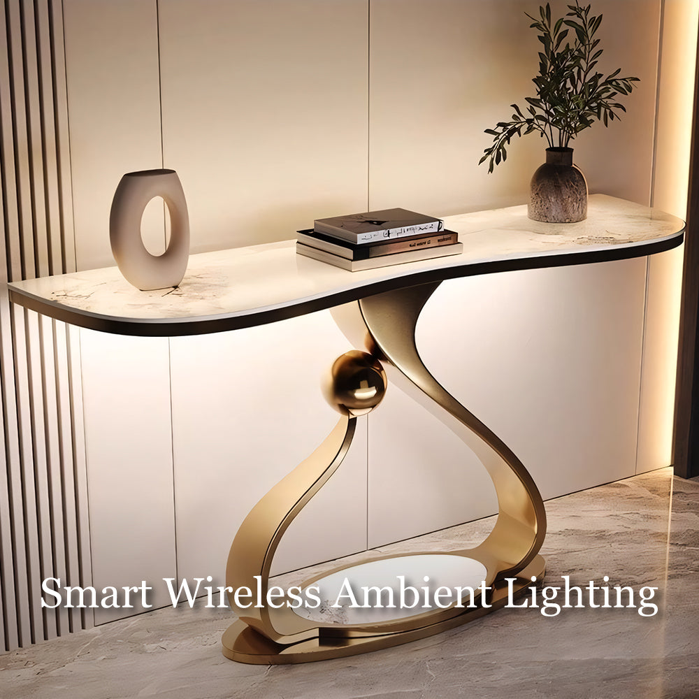 Modern Sintered Stone Entryway Console Table with Gold Sculptural Metal Base