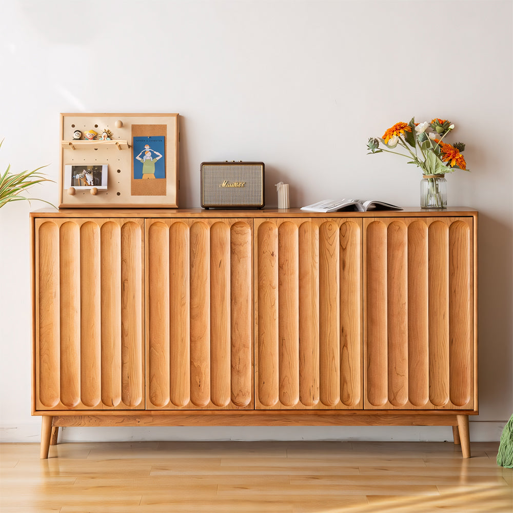 62.9" Modern Solid Wood Shoe Cabinet with Fluted Front Panels Scandinavian Style Entryway Storage Sideboard