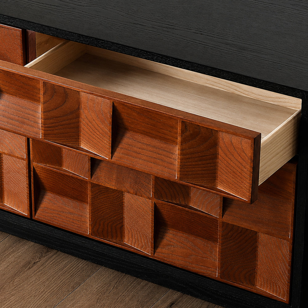 86.6'' Geometric 3D Pattern Walnut TV Stand Cabinet With Drawers