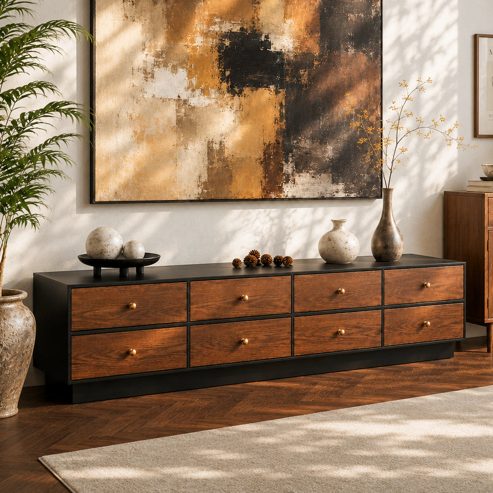 86.6'' Modern Walnut Low Profile TV Stand with Drawers Mid Century Media Console