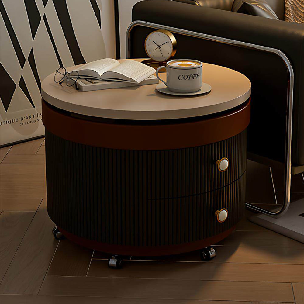 Modern Round Side Table with Hidden Storage and Drawers on Wheels