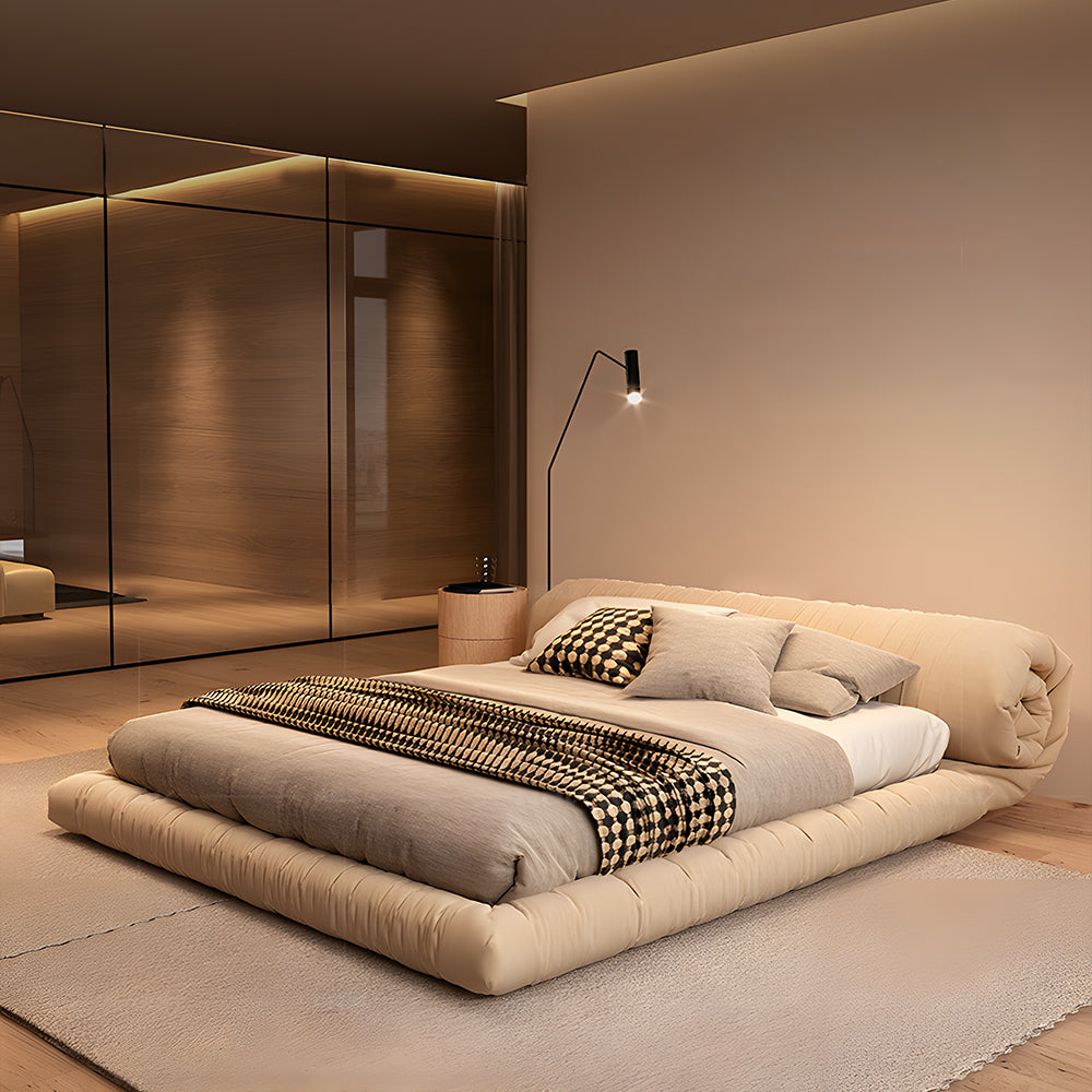 Minimalist Japanese-Style Tatami Bed Fabric Steel-Wood Slatted Frame