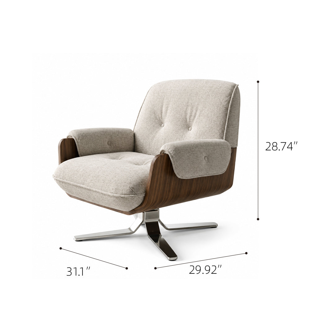 Cream Tufted Fabric Swivel Lounge Chair with Walnut Frame