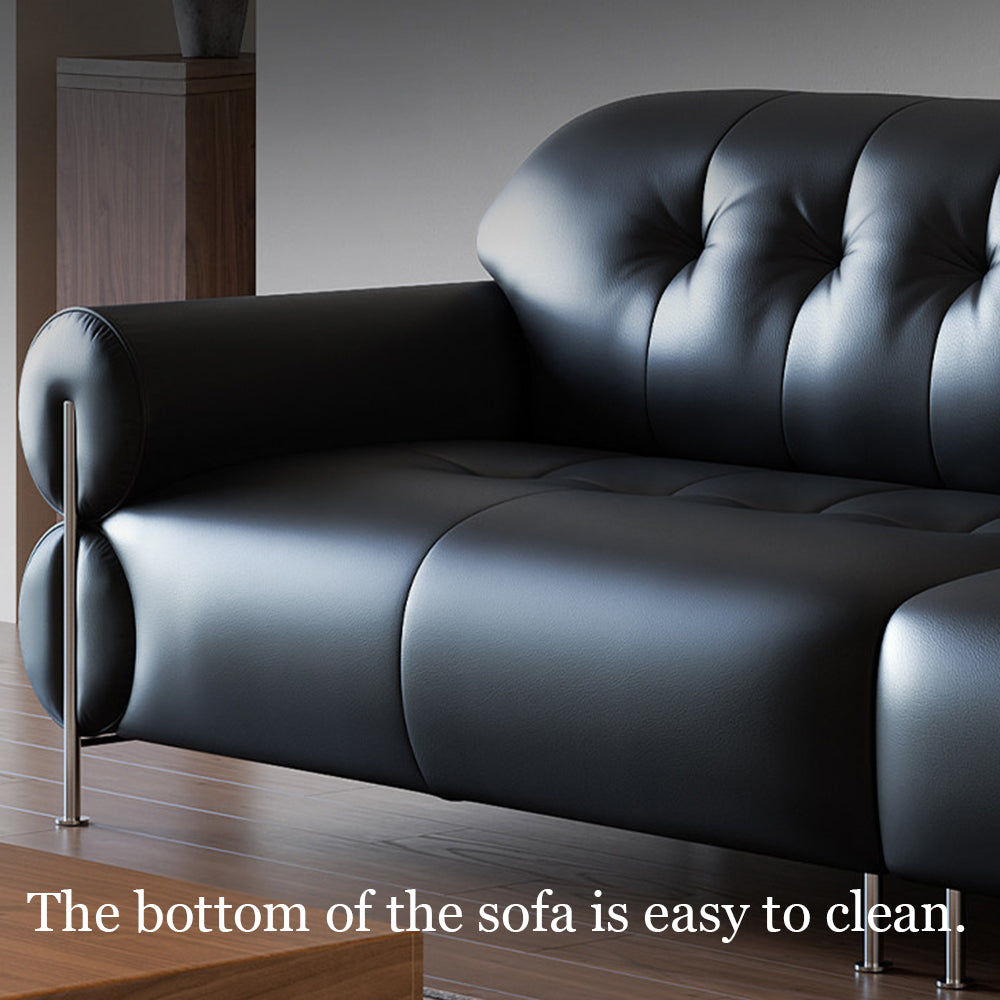 Modern Black Tufted Leather Sofa Minimalist Deep Seat Couch with Sculptural Armrests