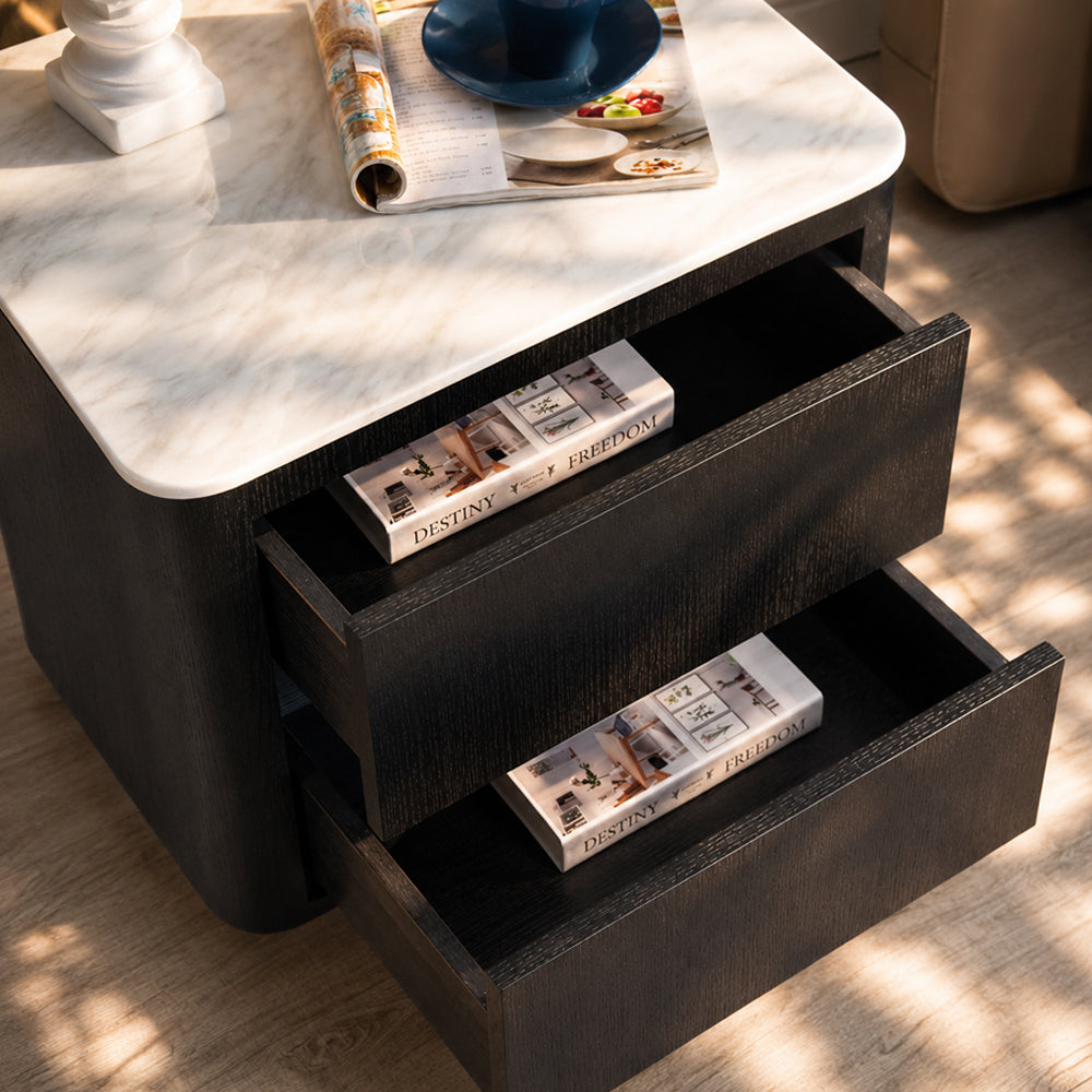 Modern Black Wood Nightstand with Faux Stone Top and Brushed Metal Base