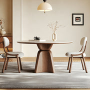 Modern Round Dining Table with Sculptural Pedestal Base Walnut Finish Minimalist Dining Table