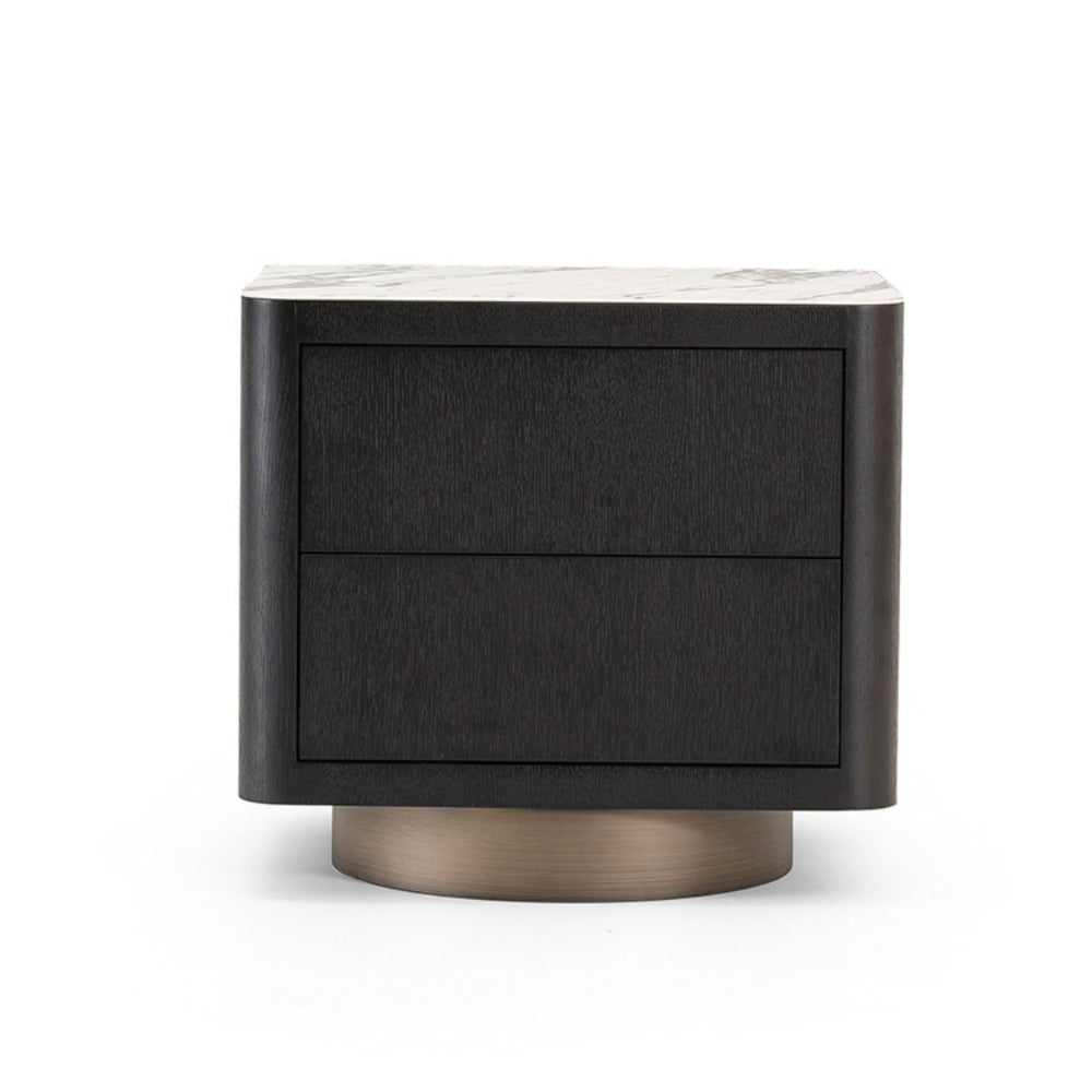 Modern Black Wood Nightstand with Faux Stone Top and Brushed Metal Base