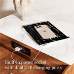 Load image into Gallery viewer, Table with a phone on it, connected to a power outlet with text 'Built-in power socket with dual USB charging ports'.
