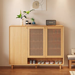 Load image into Gallery viewer, Mid-Century Rattan Shoe Cabinet with 2 Doors Walnut Wood Entryway Storage Organizer with Open Shelf

