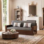 Load image into Gallery viewer, Grey contemporary storage sofa bed styled in a minimalist living room setting
