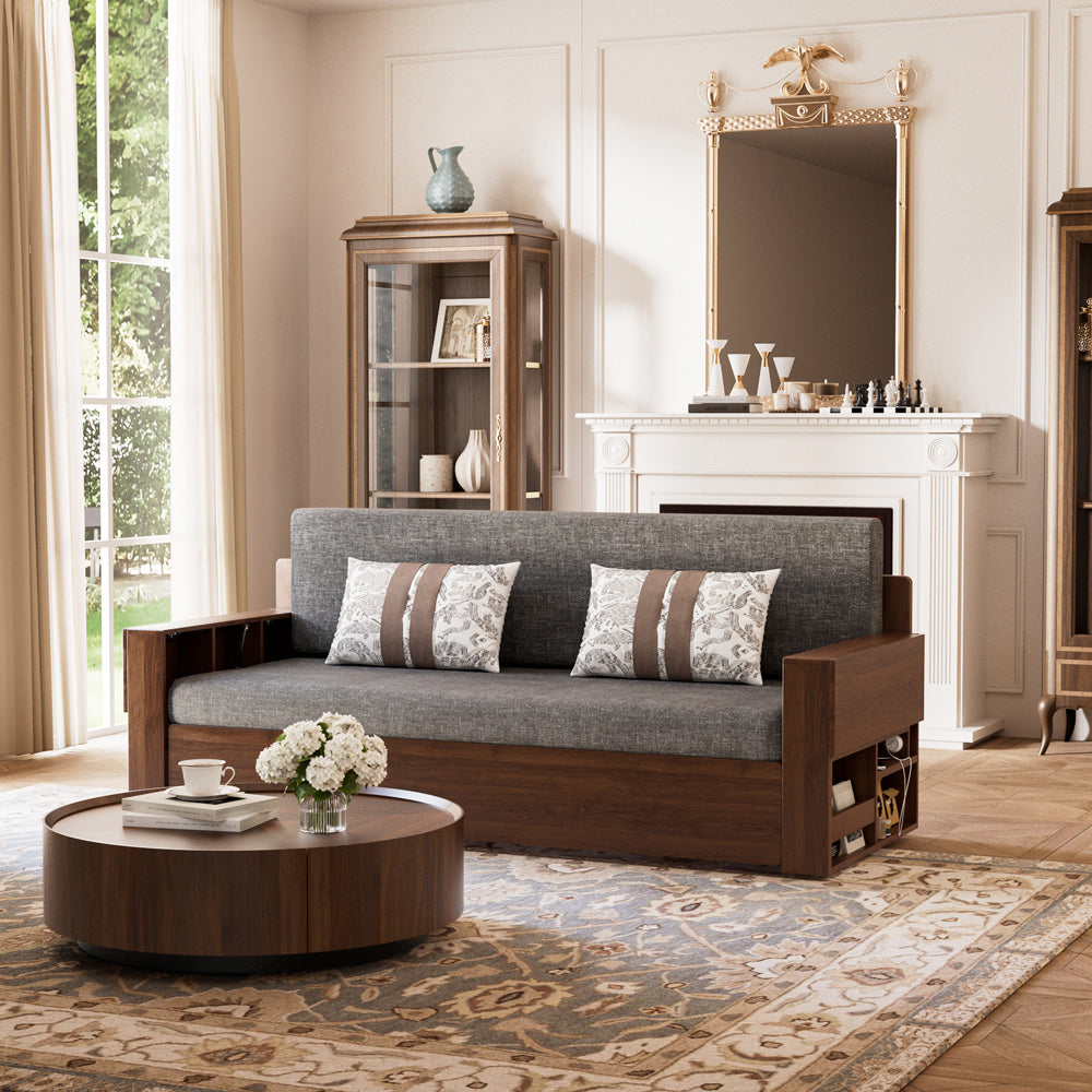 Grey contemporary storage sofa bed styled in a minimalist living room setting