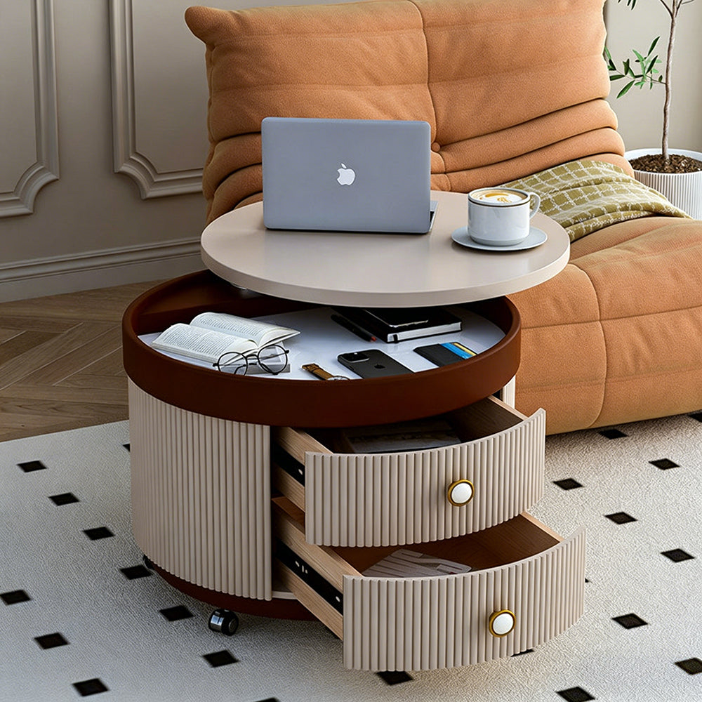 Modern Round Side Table with Hidden Storage and Drawers on Wheels