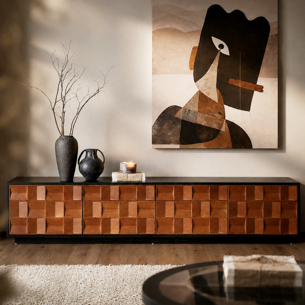 86.6'' Geometric 3D Pattern Walnut TV Stand Cabinet With Drawers
