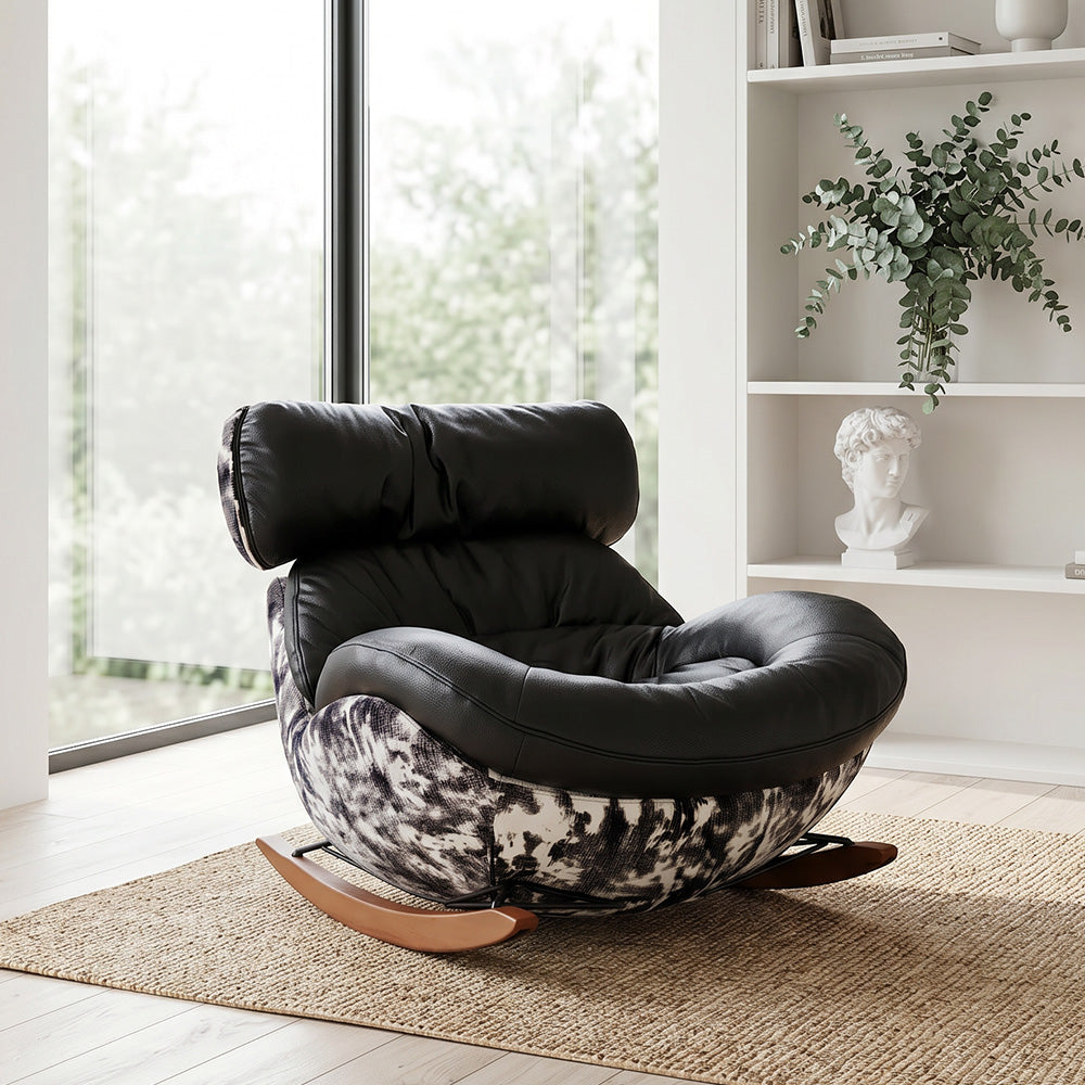 Rocking Lounge Chair with Black Cushions and Abstract Patterned Shell