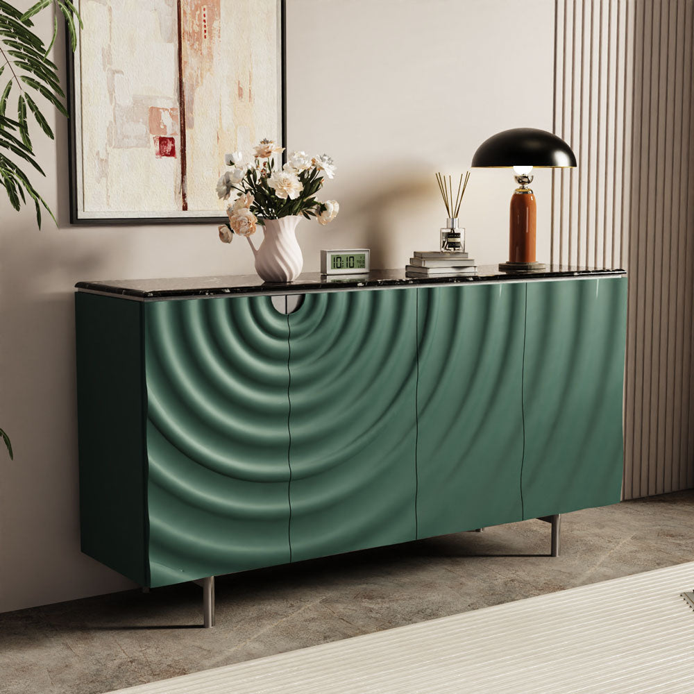 62.4" Modern Ripple Design Green Sideboard with Black Stone Top