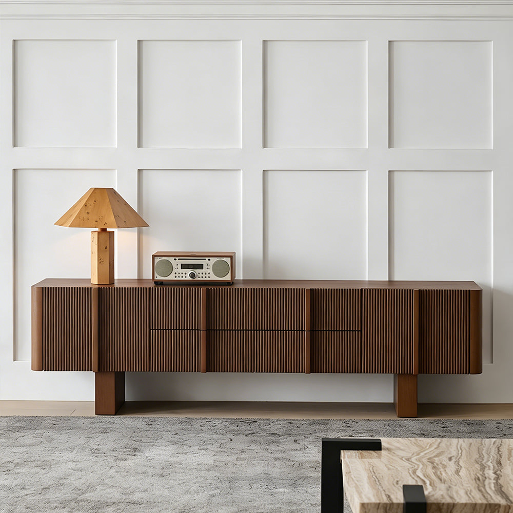 78.7" Modern Walnut Slatted TV Stand Mid Century Media Console Cabinet