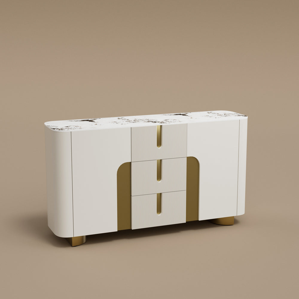 Sideboard Cabinet Modern Minimalist Ribbed Drawers Golden Base Marble Top Storage Unit