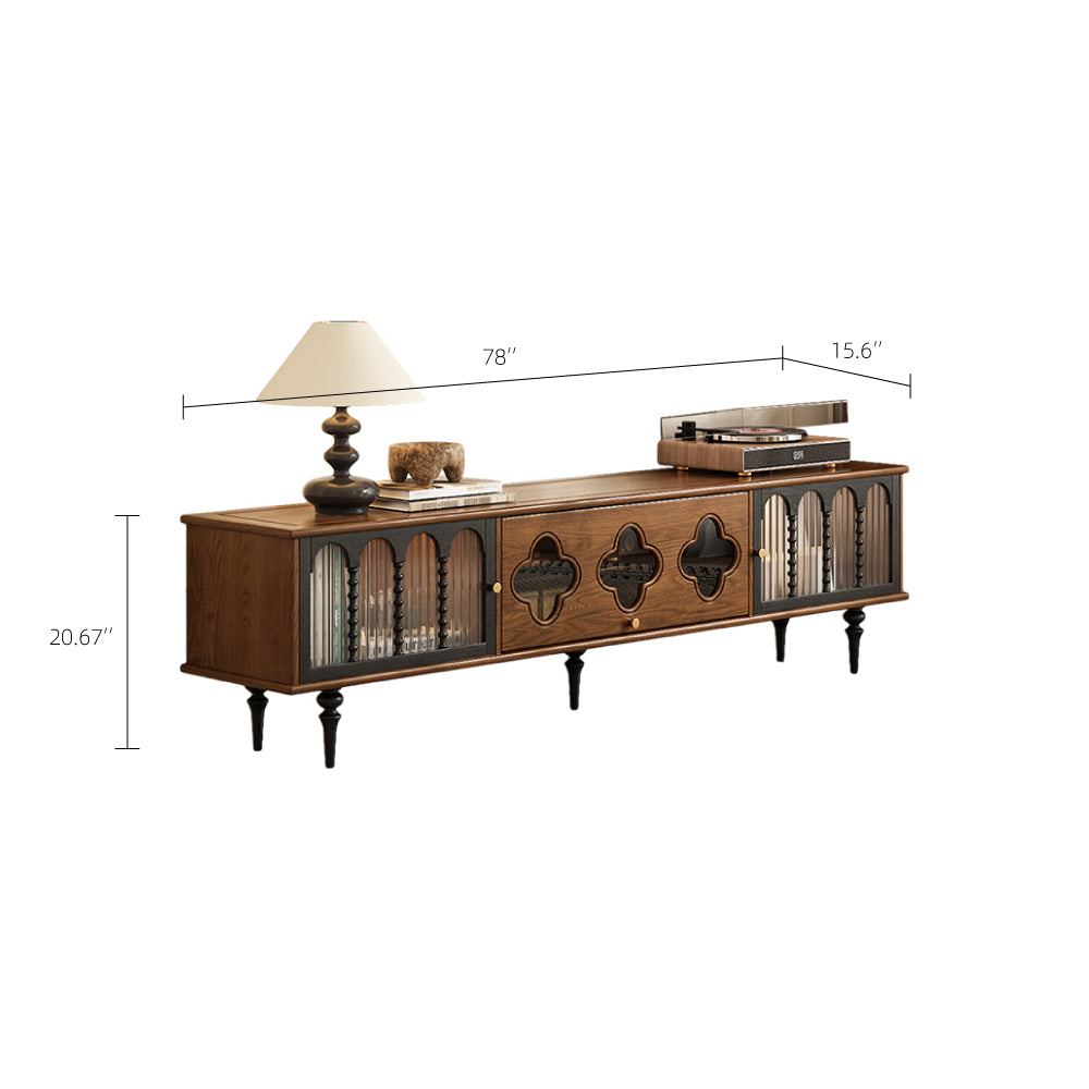 Wooden console table with decorative elements and dimensions on a white background
