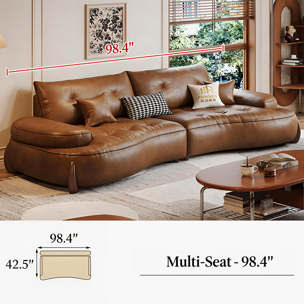 Modern Curved Leather Sofa Camel Upholstery Low Profile Contemporary Lounge Design