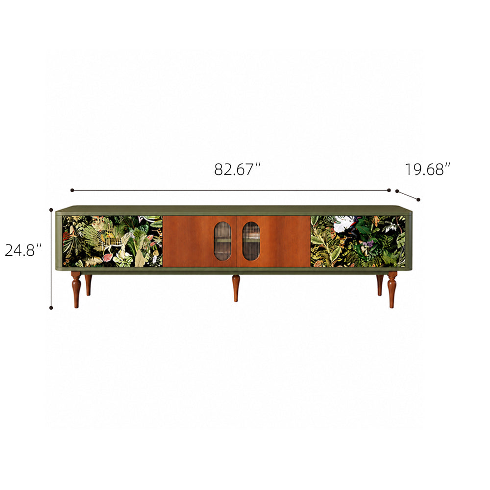82.6" Jungle Print Mid Century Wood TV Stand