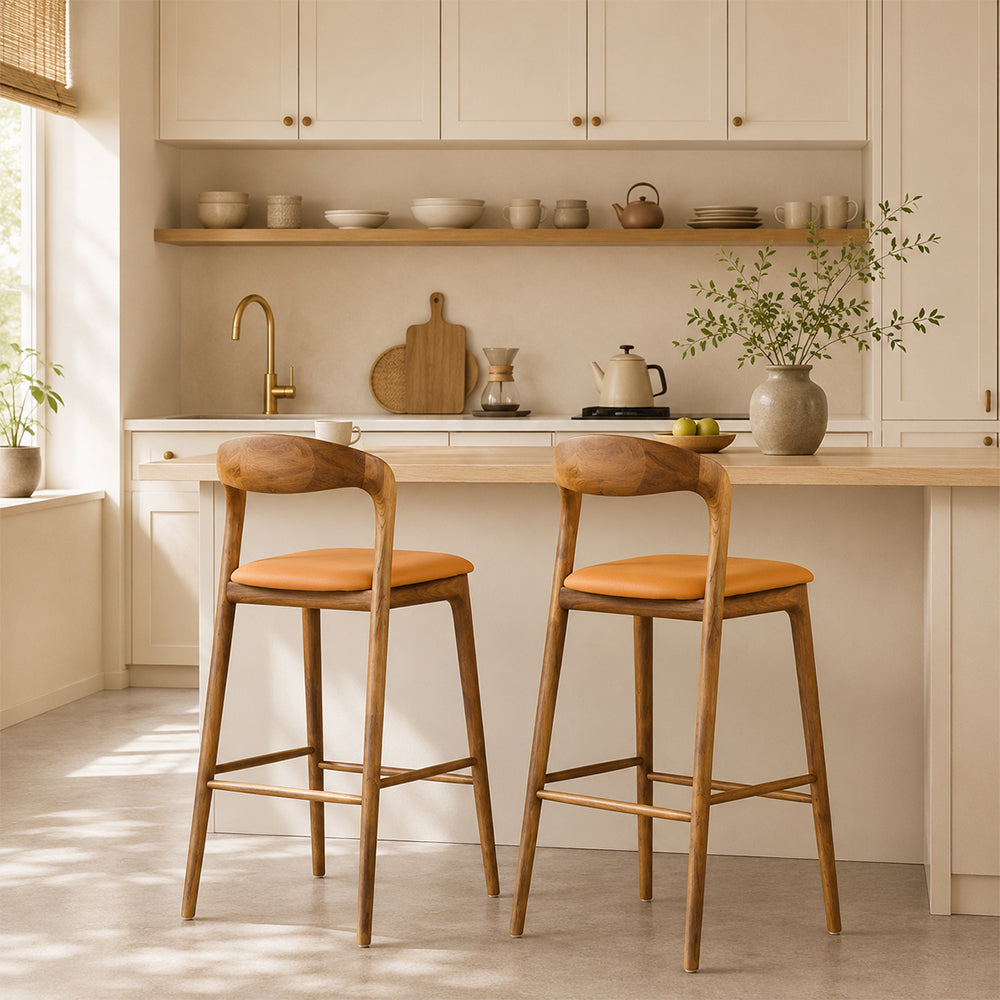 Modern Solid Wood Bar Stool with Curved Backrest Upholstered Counter Chair 1 Piece