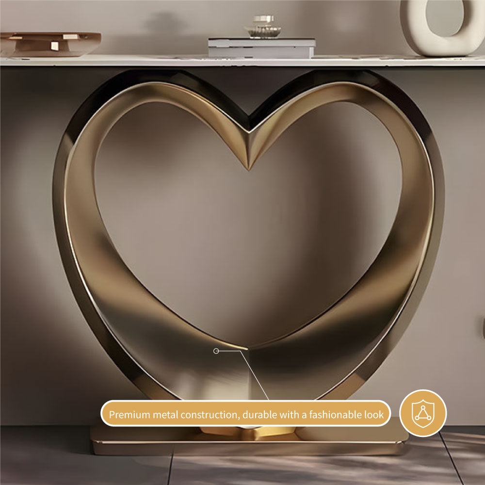 Elegant Heart-Shaped Base Console Table in Gold with Marble Top