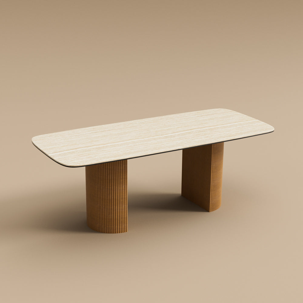Square Dining Table White Marble Effect Top Semi-cylindrical Wooden Base for 6 People
