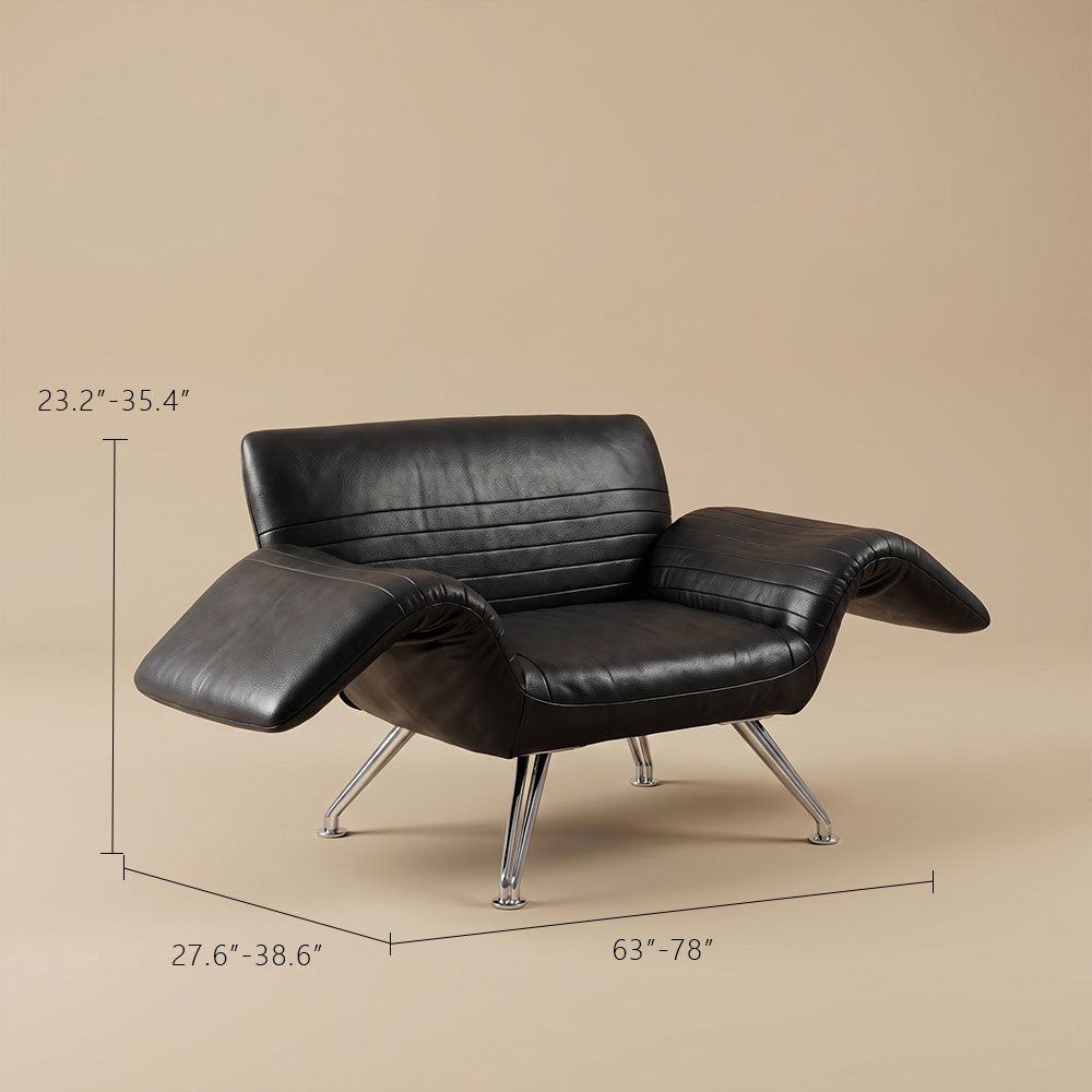 Modern Sculptural Leather Lounge Chair Adjustable Armrest Accent Chair with Metal Legs Contemporary Artistic Seating
