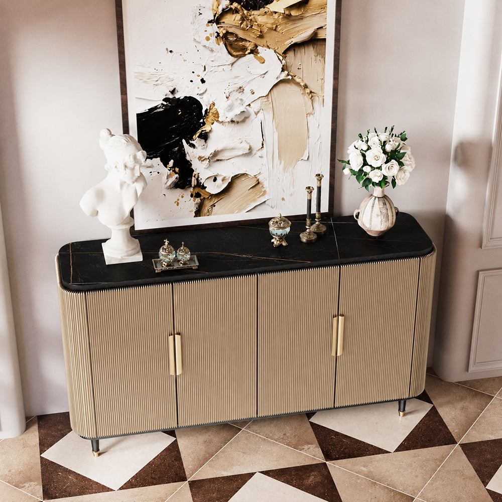 59'' Modern Luxury Elegant Gray and Gold Sideboard with Shelves
