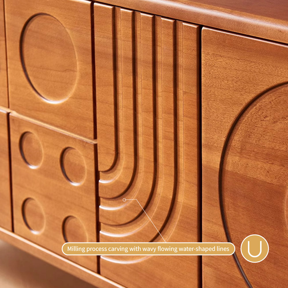78" Retro TV Stand Carved Geometric Pattern Solid Wood Cabinet Brass-Tipped Legs