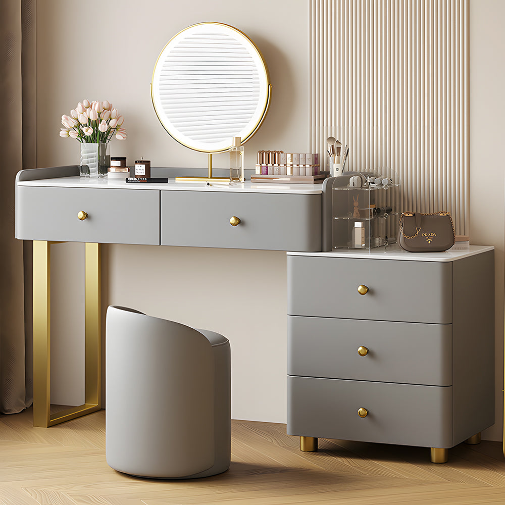 Modern White Vanity Desk with Mirror and Drawers Makeup Dressing Table with Storage Cabinet and Stool