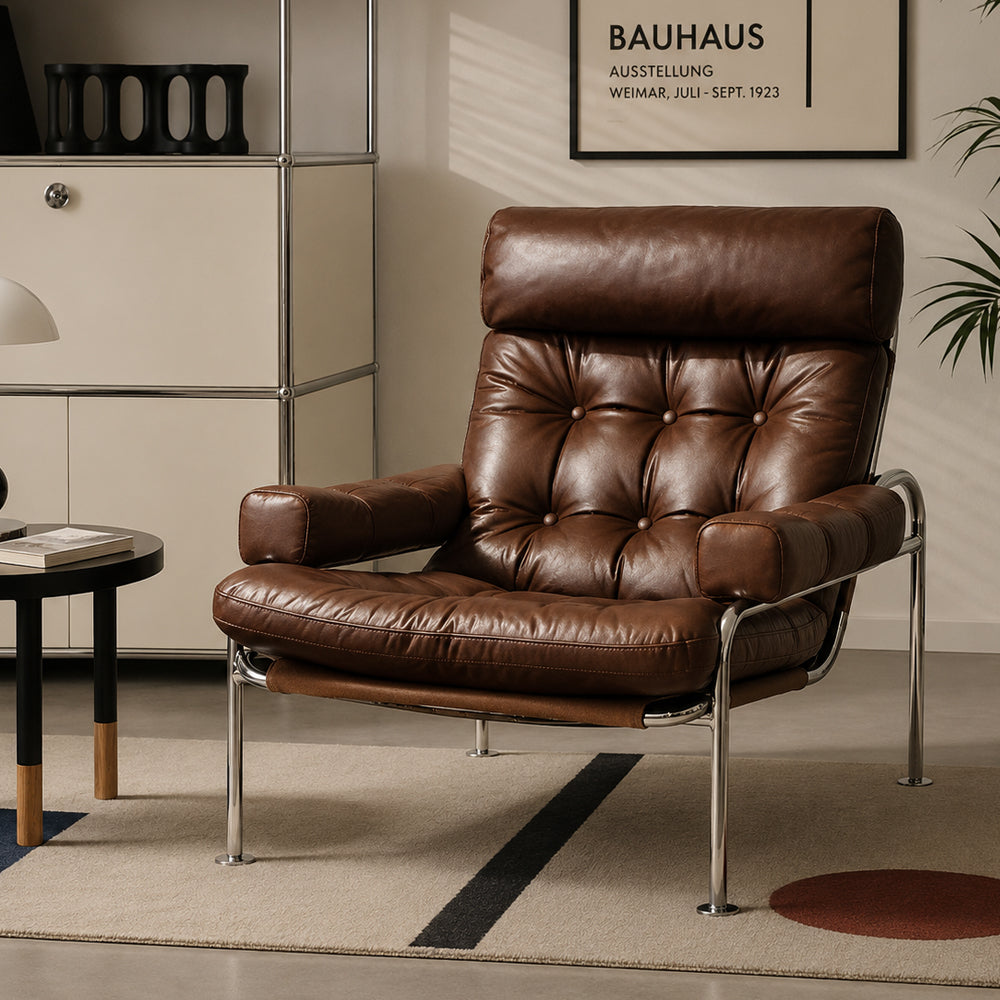 Mid-Century Brown Faux Leather Tufted Lounge Chair with Chrome Frame