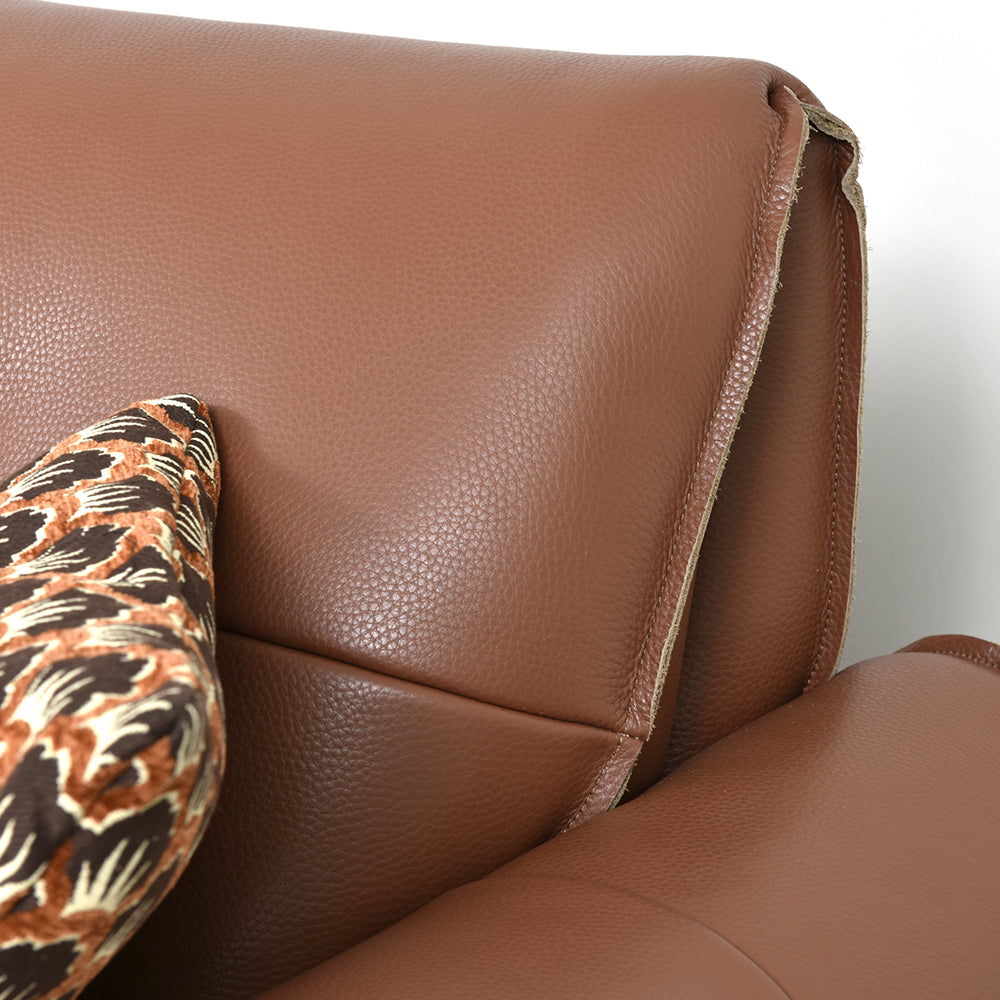 Modern Genuine Leather Sofa Warm Brown Upholstered Couch Three Seater Living Room Sofa with Wide Seat and Clean Lines