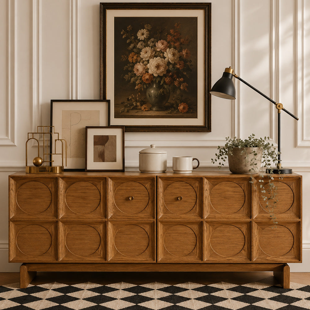 62.99" Rustic Media Console with Circular Textured Doors and Concealed Storage and Cable Cutouts