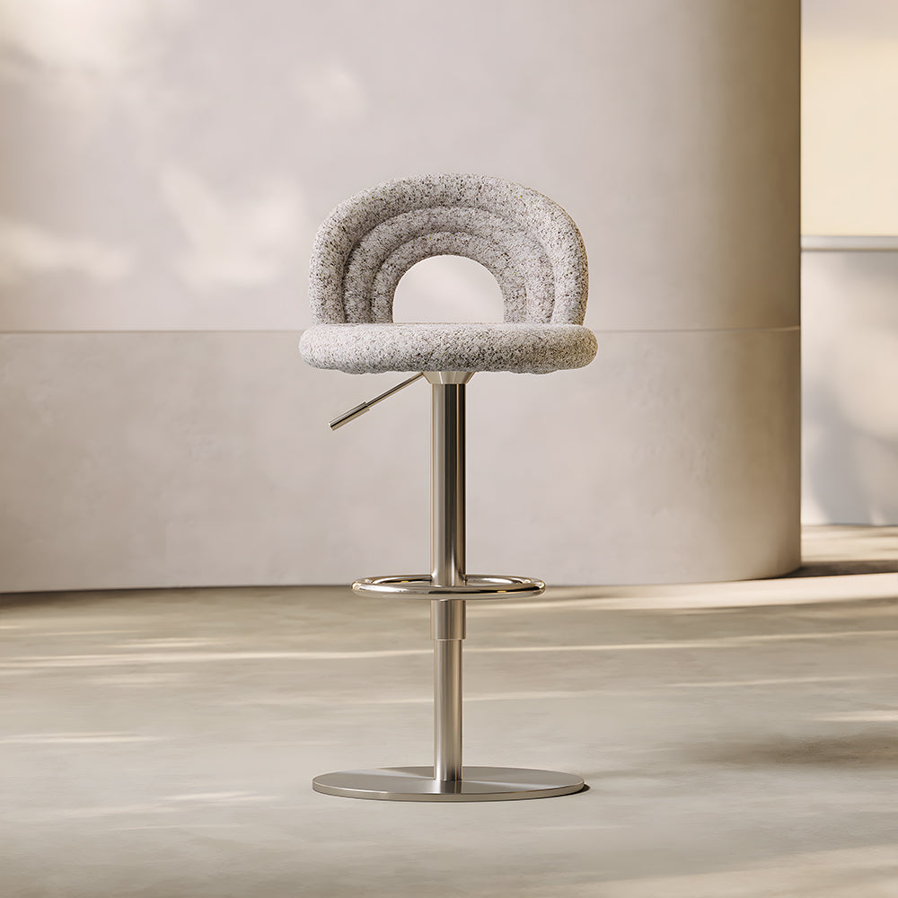 1 Piece Modern Boucle Adjustable Bar Stool with Sculptural Backrest and Stainless Steel Base
