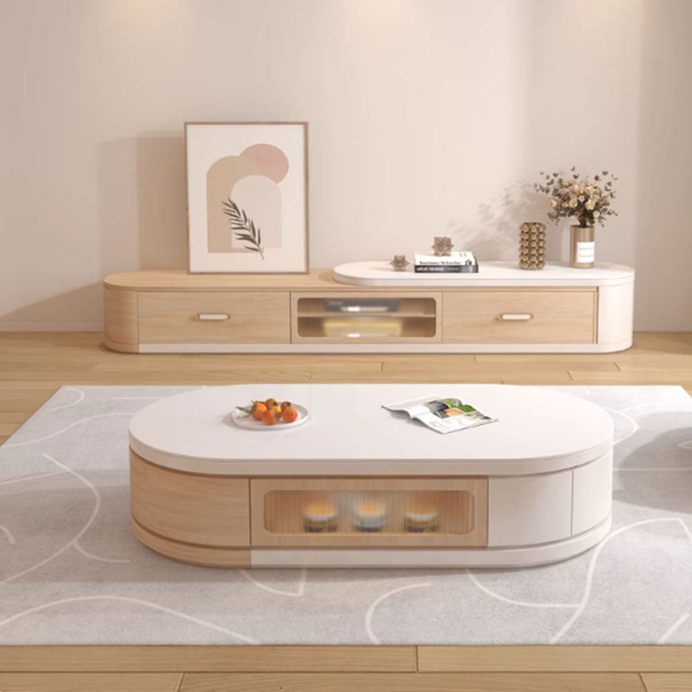 Modern Natural Wood & White Extendable Oval Coffee Table with Stone Top and Hidden