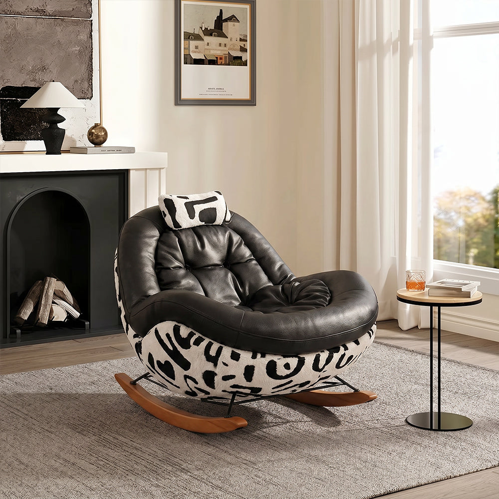 Bold Black Leather Rocking Lounge Chair with Patterned Fabric Shell