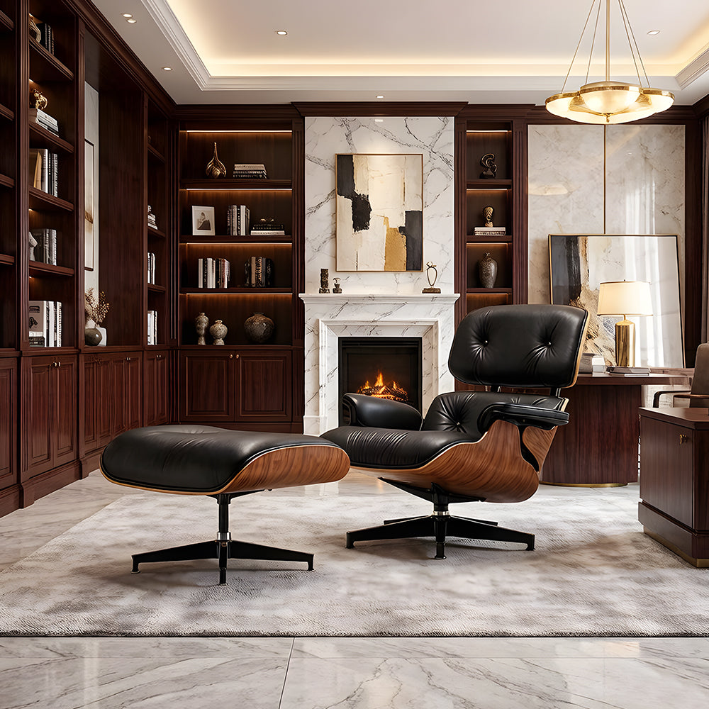 Mid Century Modern Lounge Chair Faux Leather Upholstery Walnut Wood Veneer Recliner Armchair