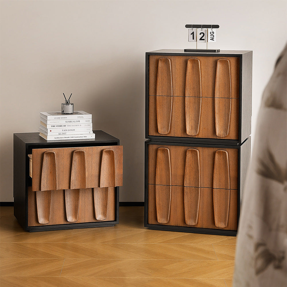 Modern Walnut Nightstand with Fluted Drawer Design Black Frame Wooden Bedside Table