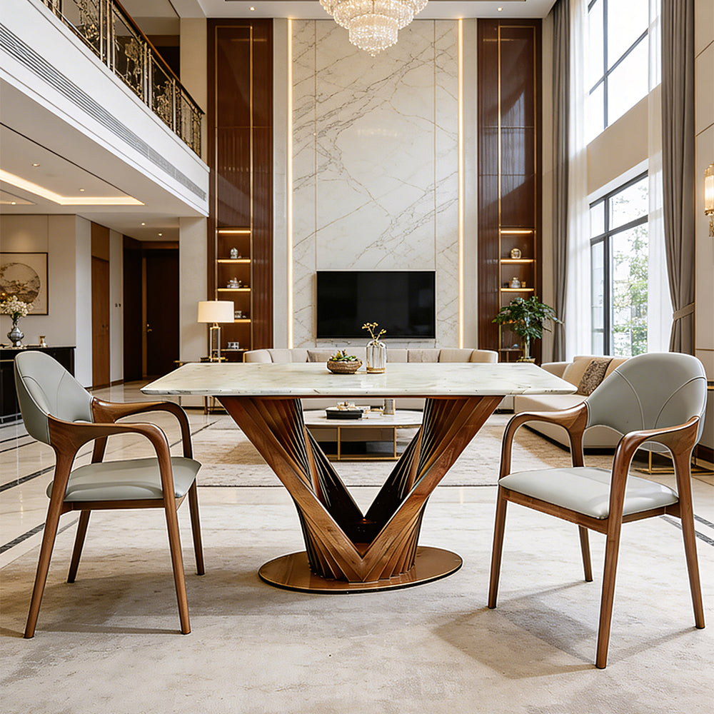 Luxury Sintered Stone Dining Table Kitchen Table With Artistic V-Shaped Solid Wood Base