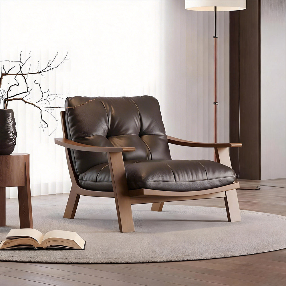 Mid Century Modern Faux Leather Lounge Chair Solid Wood Frame Accent Chair Deep Seat Leisure Armchair