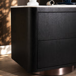 Load image into Gallery viewer, Modern Black Wood Nightstand with Faux Stone Top and Brushed Metal Base
