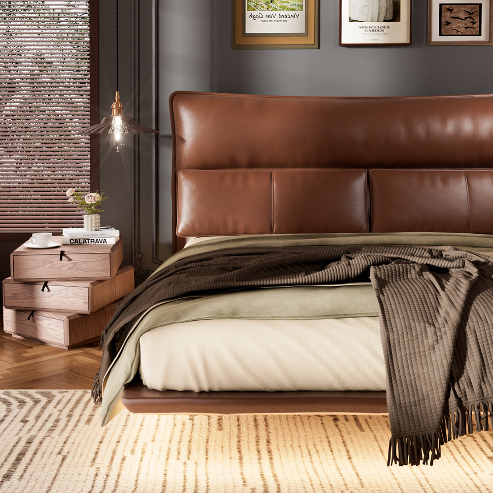 Luxury Floating Upholstered Platform Bed with LED Ambient Lighting & Cushioned Headboard