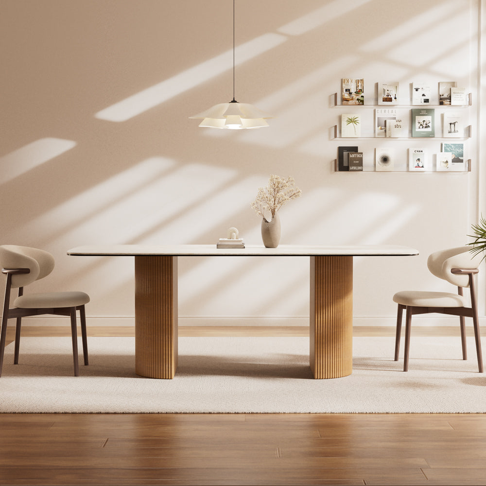 Square Dining Table White Marble Effect Top Semi-cylindrical Wooden Base for 6 People