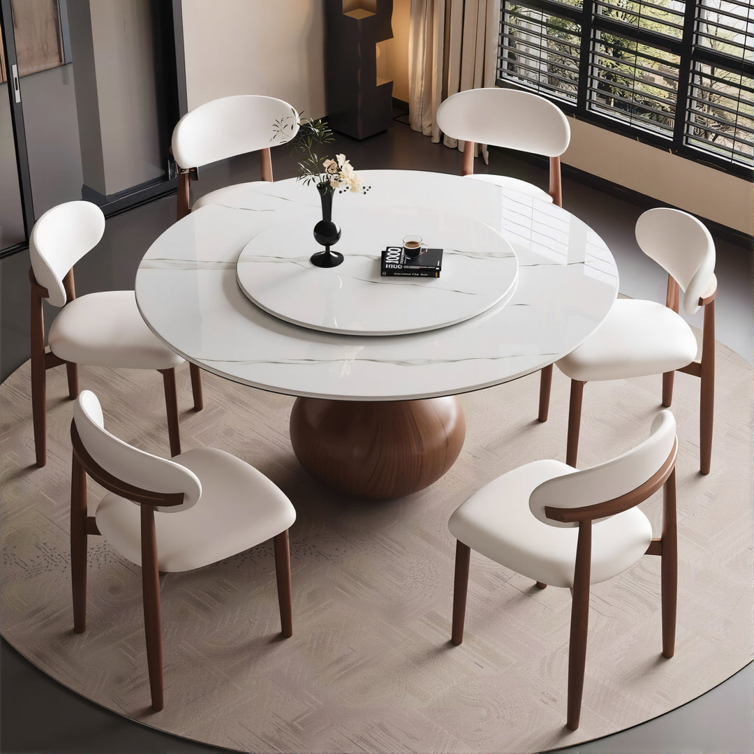 Round Dining Table Wooden Base and Ceramic Stone Top Modern Aesthetic