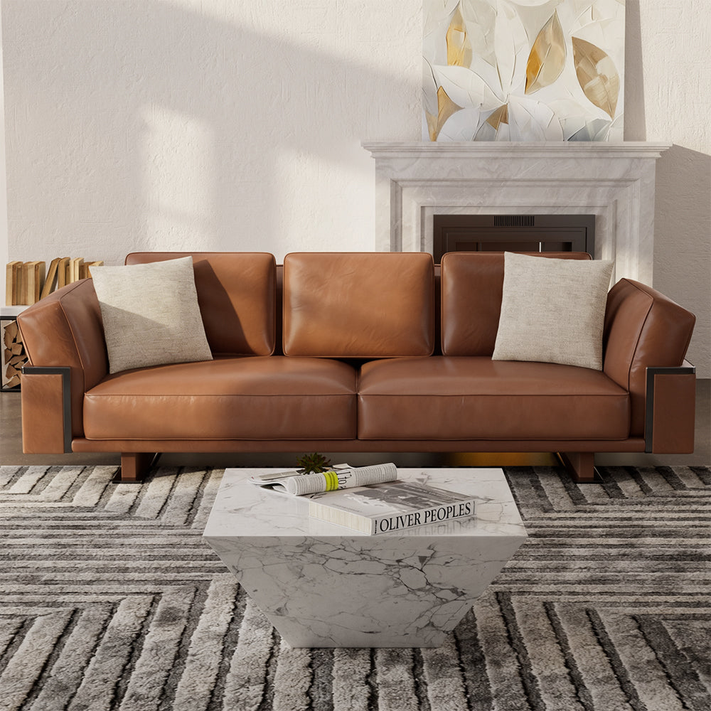 110" Modern 4-Seater Leather Sofa Luxury Comfort with High-Density Foam Solid Wood Frame & Brushed Stainless-Steel Accents
