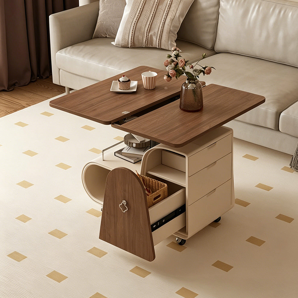 Modern Extendable Coffee Table with Walnut Finish Top and Hidden Storage Rolling Table