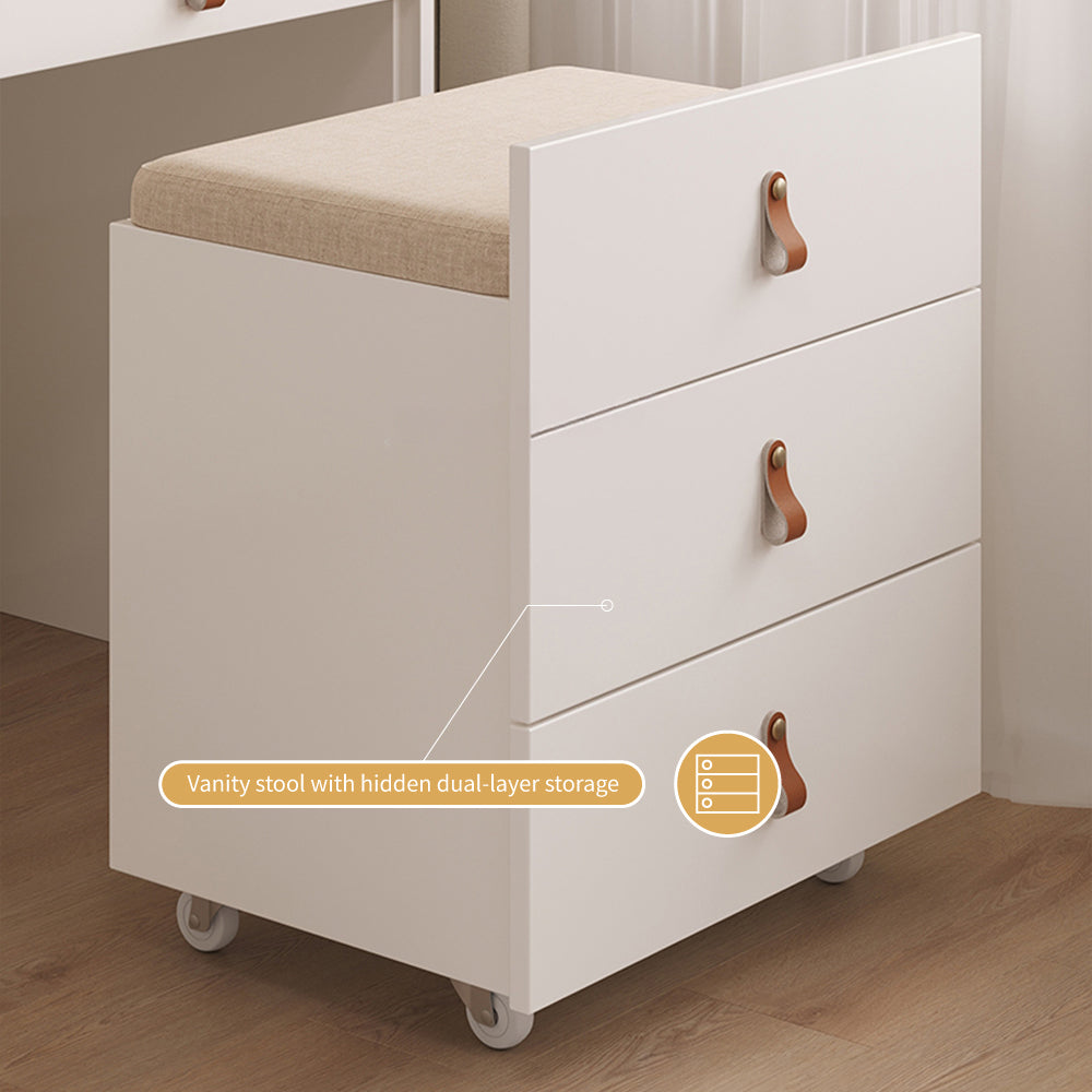 Functional Makeup Vanity Built-in Mirror Organized Storage Drawers Rolling Stool