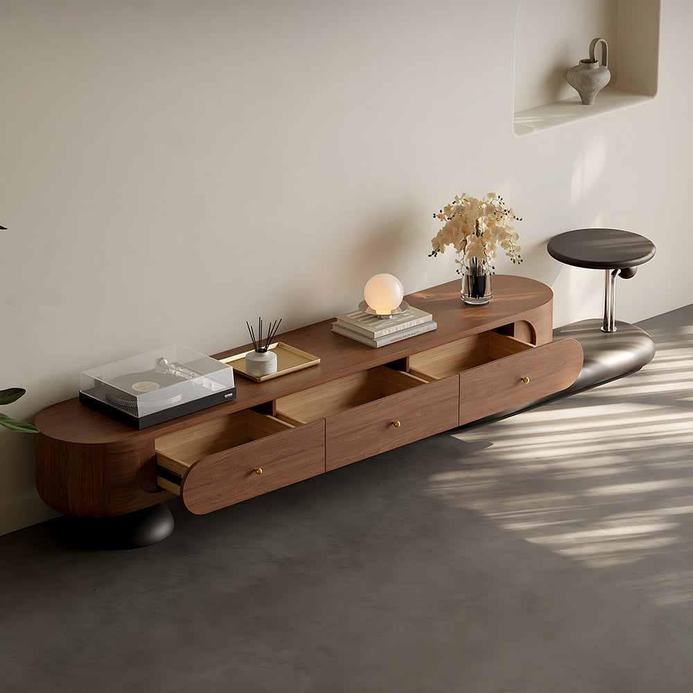 86.6" Modern Walnut TV Stand Curved Edge Media Console Low Profile Entertainment Center
